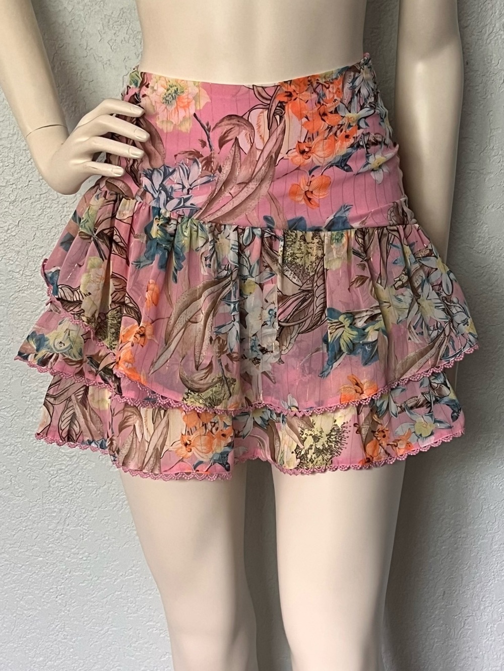 Reset By Jane Floral Tiered Ruffle Mini Skirt Lace Trim Pink Women Small